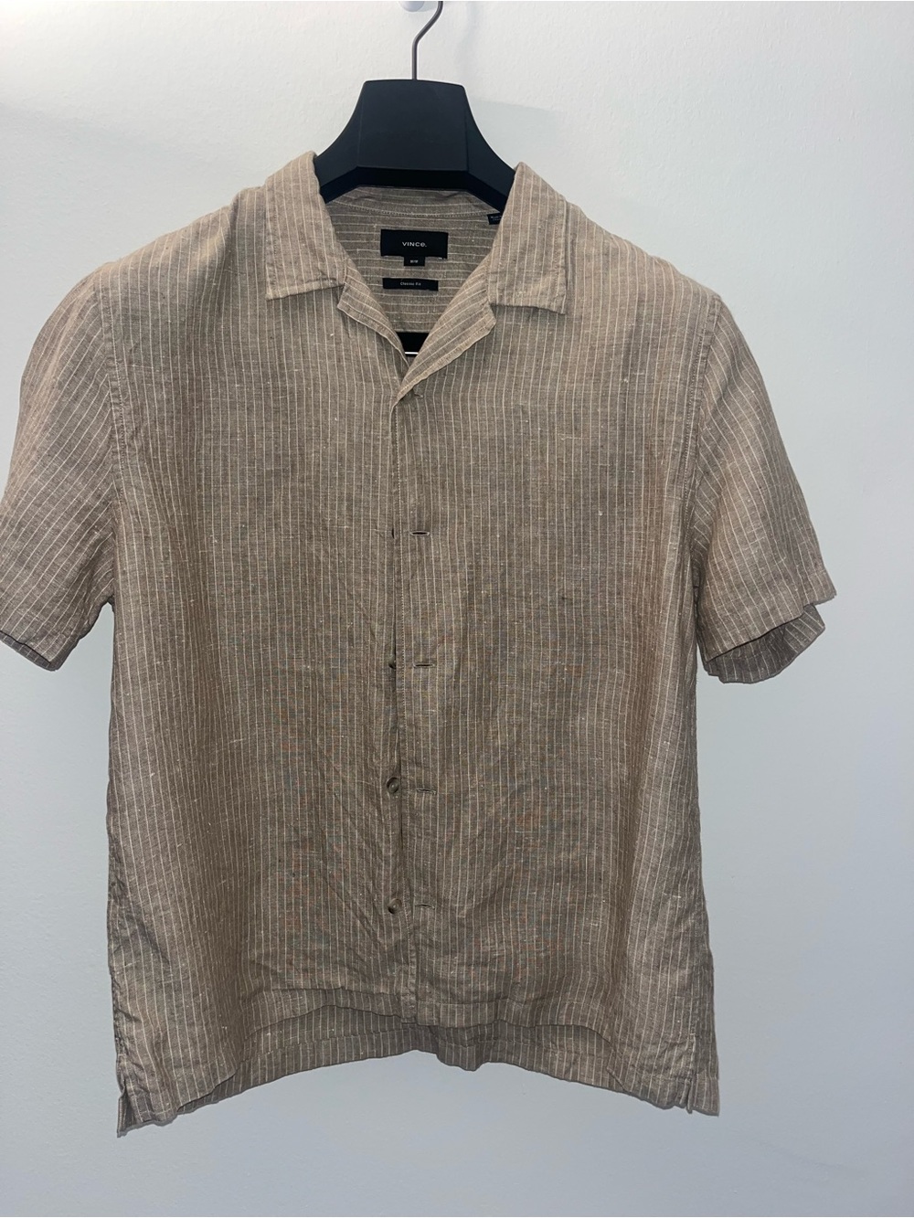 Vince Men’s Short Sleeve Linen Button-Down in Beige Stripe